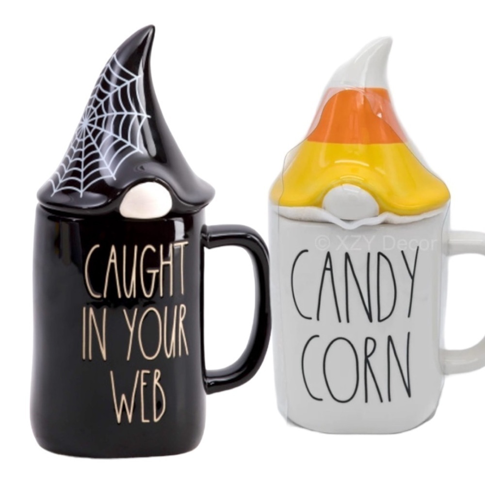 Rae Dunn CAUGHT IN YOUR WEB & Candy Corn Gnome Mugs NEW Halloween Mug Set